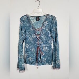 Anac Teal Floral Lace-Up Blouse, Size Large